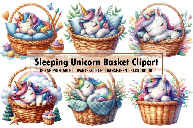 Cute Sleeping Unicorn Basket Clipart Sublimation designartist 