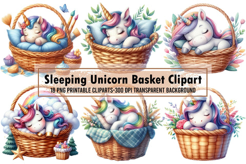 Cute Sleeping Unicorn Basket Clipart Sublimation designartist 