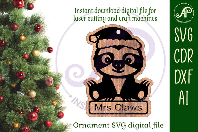 Cute Sloth Christmas Ornament SVG laser cut SVG APInspireddesigns 