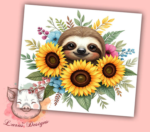 Cute Sloth Floral Sunflower Tumbler Wrap, Floral Sunflower Tumbler, 20oz Tumbler Wrap, Sublimation Drinkware, Sloth Lover Gift, Cute Animal Mug, Custom Tumbler Design Sublimation Lara' s Designs 