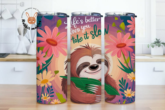Cute Sloth Floral Tumbler Wrap, 20oz Skinny Tumbler Digital Design, Slow Life Quote Tumbler Digital Design Sublimation Rabbitmakies 
