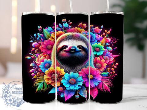 Cute Sloth Flowers 20oz Skinny Tumbler PNG, Floral Sloth Tumbler Sublimation Wrap, Straight & Tapered Tumbler Wrap, Instant Digital Download Sublimation ToriDesigns 