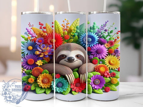 Cute Sloth Flowers 20oz Skinny Tumbler PNG, Floral Sloth Tumbler Sublimation Wrap, Straight & Tapered Tumbler Wrap, Instant Digital Download Sublimation ToriDesigns 