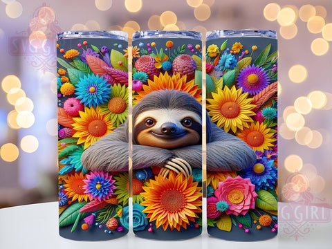 Cute Sloth Flowers 20oz Tumbler Wrap Sublimation Design, Straight Tapered Tumbler Wrap, Sloth Tumbler Png, Instant Digital Download Sublimation SvggirlplusArt 
