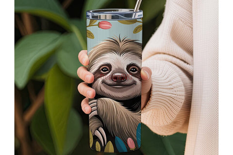 Cute Sloth & Flowers 20oz Tumbler Wrap Sublimation DesignSVG 
