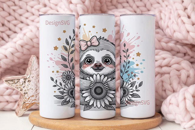 Cute Sloth with Flowers 20oz Tumbler Sublimation DesignSVG 