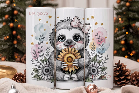 Cute Sloth with Flowers 20oz Tumbler Sublimation DesignSVG 
