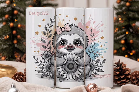 Cute Sloth with Flowers 20oz Tumbler Sublimation DesignSVG 