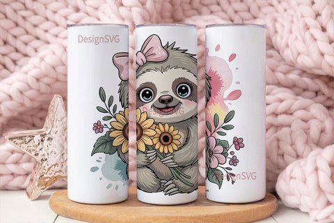 Cute Sloth with Sunflowers 20oz Tumbler Sublimation DesignSVG 
