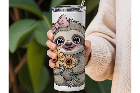 Cute Sloth with Sunflowers 20oz Tumbler Sublimation DesignSVG 