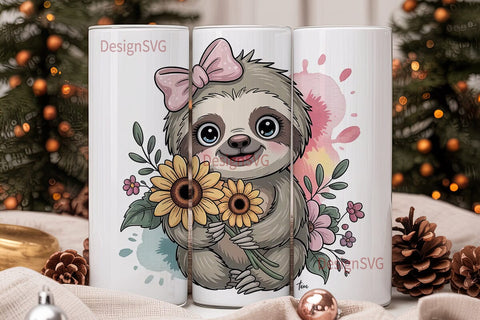 Cute Sloth with Sunflowers 20oz Tumbler Sublimation DesignSVG 