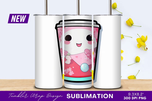 Cute smiling character kawaii pink flower tumbler Sublimation Regulrcrative 