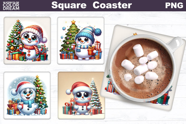 Cute Snowman Square Coaster | Christmas Square Coaster Sublimation WatercolorColorDream 