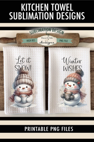 Cute Snowmen with Mugs Kitchen Towel Sublimation Designs Sublimation Ewe-N-Me Designs 