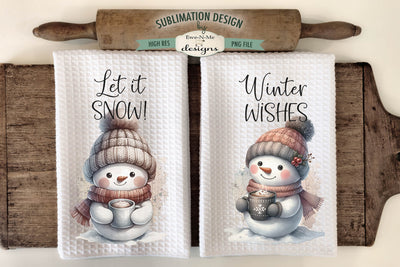 Cute Snowmen with Mugs Kitchen Towel Sublimation Designs Sublimation Ewe-N-Me Designs 