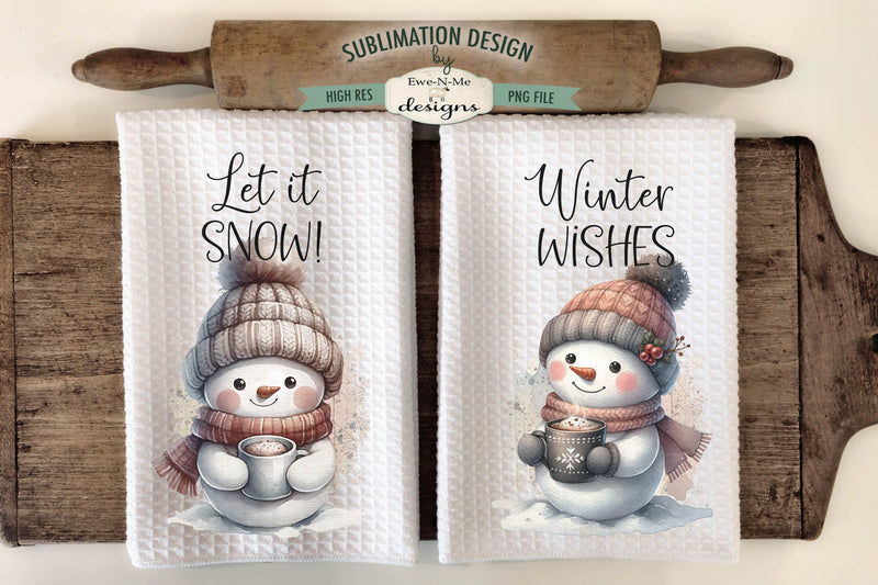 Cute Snowmen with Mugs Kitchen Towel Sublimation Designs Sublimation Ewe-N-Me Designs 