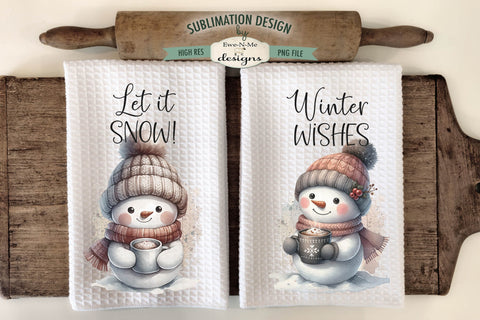 Cute Snowmen with Mugs Kitchen Towel Sublimation Designs Sublimation Ewe-N-Me Designs 