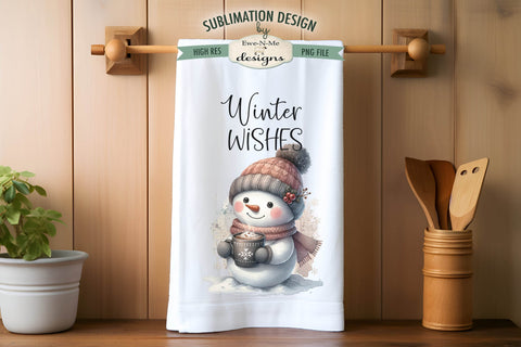 Cute Snowmen with Mugs Kitchen Towel Sublimation Designs Sublimation Ewe-N-Me Designs 