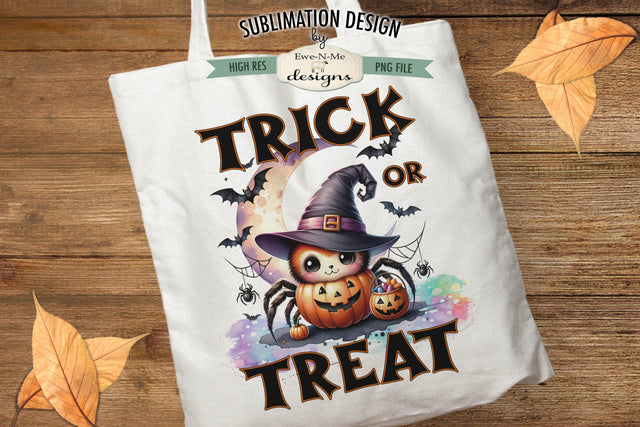 Cute Spider Trick or Treat Halloween PNG Design for Sublimation and DTF Sublimation Ewe-N-Me Designs 