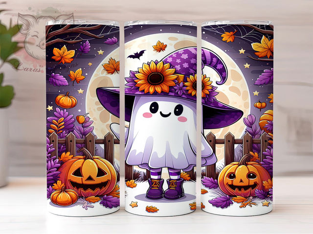 Cute Spooky Autumn Halloween Ghost Tumbler, Autumn Halloween Wrap, Spooky Ghost Cup, 20Oz Sublimation Design, Fall Ghost Drinkware, Halloween Season Mug, Kawaii Ghost Tumbler Sublimation Lara' s Designs 