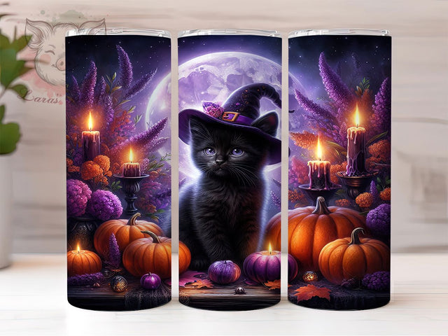 Cute Spooky Halloween Black Cat Tumbler, Halloween Cat Wrap, Spooky Black Cat Cup, 20Oz Sublimation Design, Autumn Cat Drinkware, Fall Halloween Mug, Kawaii Witch Cat Tumbler Sublimation Lara' s Designs 