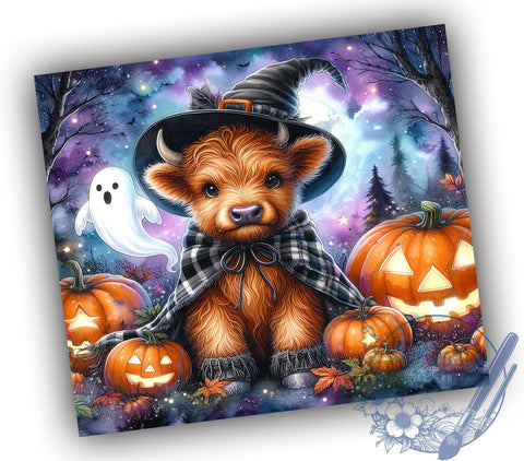 Cute Spooky Halloween Highland Cow 20oz Skinny Tumbler PNG, Highland Cow Tumbler Sublimation Wrap, Straight & Tapered Tumbler Wrap, Instant Digital Download Sublimation ToriDesigns 