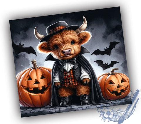 Cute Spooky Halloween Highland Cow 20oz Skinny Tumbler PNG, Highland Cow Tumbler Sublimation Wrap, Straight & Tapered Tumbler Wrap, Instant Digital Download Sublimation ToriDesigns 