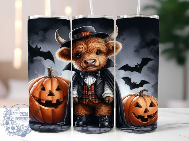 Cute Spooky Halloween Highland Cow 20oz Skinny Tumbler PNG, Highland Cow Tumbler Sublimation Wrap, Straight & Tapered Tumbler Wrap, Instant Digital Download Sublimation ToriDesigns 