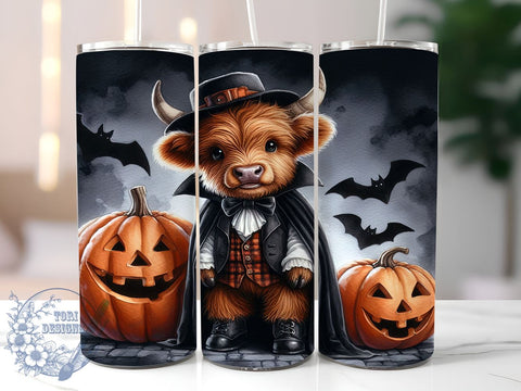 Cute Spooky Halloween Highland Cow 20oz Skinny Tumbler PNG, Highland Cow Tumbler Sublimation Wrap, Straight & Tapered Tumbler Wrap, Instant Digital Download Sublimation ToriDesigns 