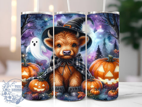 Cute Spooky Halloween Highland Cow 20oz Skinny Tumbler PNG, Highland Cow Tumbler Sublimation Wrap, Straight & Tapered Tumbler Wrap, Instant Digital Download Sublimation ToriDesigns 