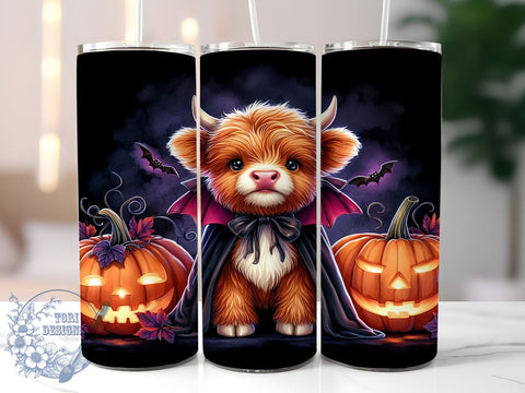 Cute Spooky Halloween Highland Cow 20oz Skinny Tumbler PNG, Highland Cow Tumbler Sublimation Wrap, Straight & Tapered Tumbler Wrap, Instant Digital Download Sublimation ToriDesigns 