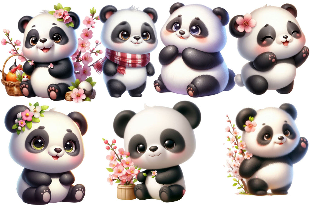 Cute Spring Panda Watercolor Clipart - So Fontsy