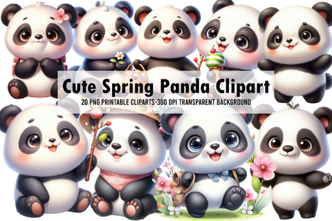 Cute Spring Panda Watercolor Clipart Sublimation Rupkotha 