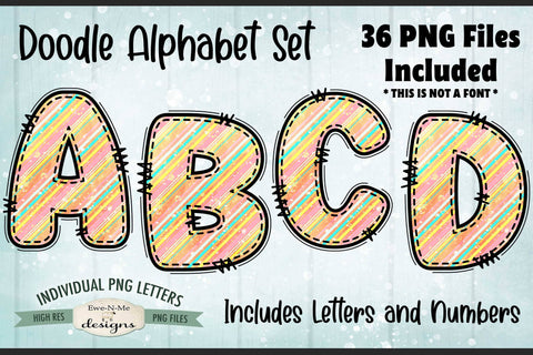 Cute Spring Stripes Doodle Alphabet & Numbers | 36 PNG Files Sublimation Ewe-N-Me Designs 