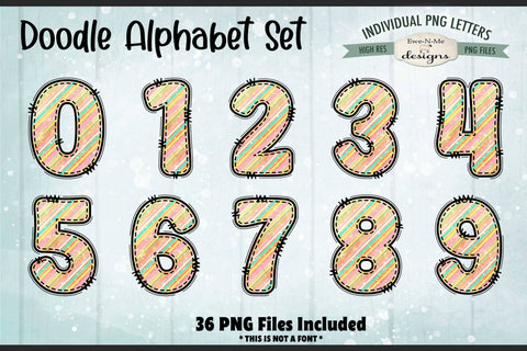 Cute Spring Stripes Doodle Alphabet & Numbers | 36 PNG Files Sublimation Ewe-N-Me Designs 