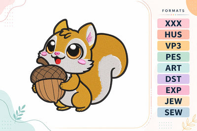 Cute Squirrel Embroidery Design - Kawaii Squirrel with Acorn Embroidery/Applique DESIGNS sg embroidery 