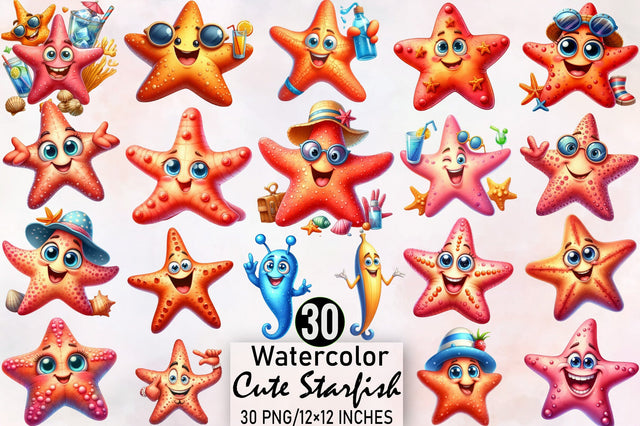 Cute Starfish Watercolor Clipart Bundle. Sublimation SVGArt 
