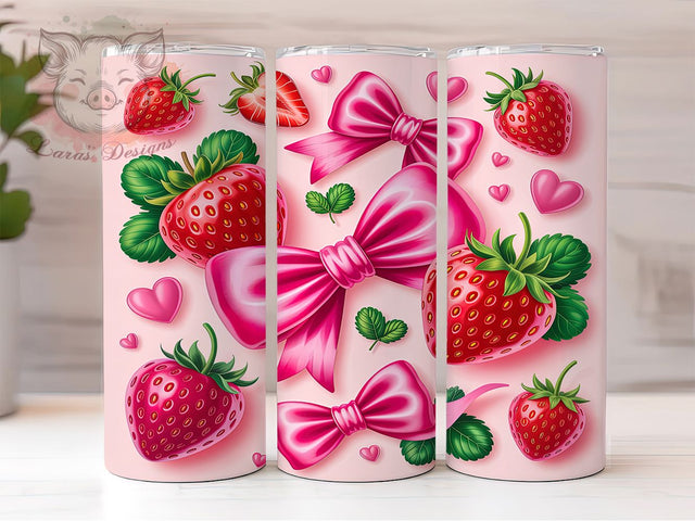 Cute Strawberry Bow Tumbler, Pink Ribbon Pattern, Cute Floral Design, 20Oz Sublimation Wrap, Girly Strawberry Art, Sweet Bow Texture, Tumbler Sublimation Sublimation Lara' s Designs 