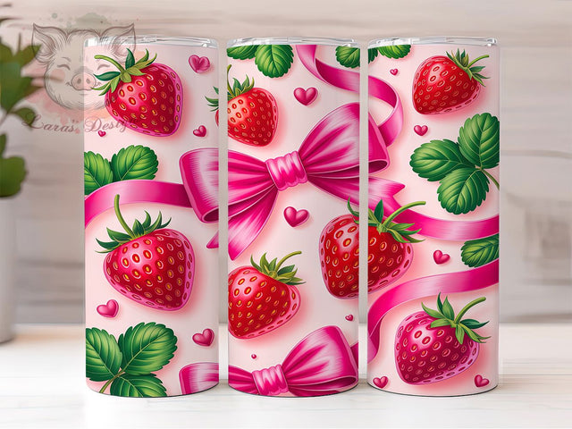 Cute Strawberry Bow Tumbler, Pink Ribbon Pattern, Cute Floral Design, 20Oz Sublimation Wrap, Girly Strawberry Art, Sweet Bow Texture, Tumbler Sublimation Sublimation Lara' s Designs 