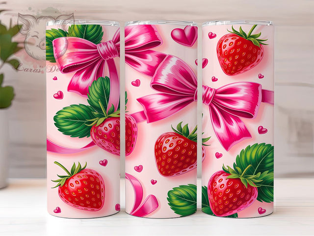 Cute Strawberry Bow Tumbler, Pink Ribbon Pattern, Cute Floral Design, 20Oz Sublimation Wrap, Girly Strawberry Art, Sweet Bow Texture, Tumbler Sublimation Sublimation Lara' s Designs 