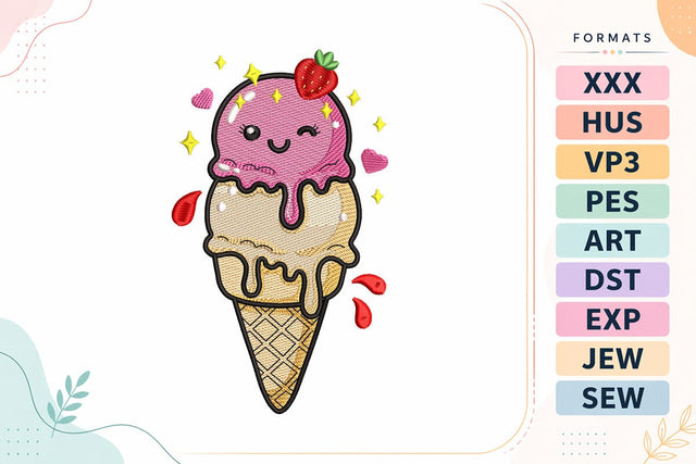 Cute Strawberry Ice Cream Embroidery Design - Kawaii Melting Ice Cream Cone Embroidery/Applique DESIGNS sg embroidery 