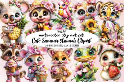 Cute Summer Animals Clipart Bundle. Sublimation SVGArt 