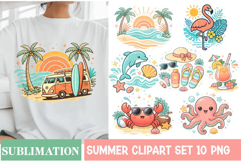 Cute Summer Beach Clipart PNG,Summer Clipart,Summer Png,Beach Clipart Set,Summer tropical Vector Design Sublimation BlackCatsMedia 
