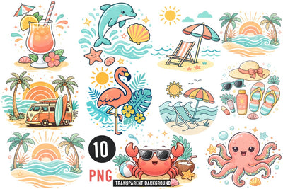 Cute Summer Beach Clipart PNG,Summer Clipart,Summer Png,Beach Clipart Set,Summer tropical Vector Design Sublimation BlackCatsMedia 