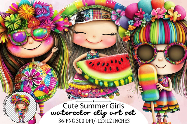 Cute Summer Girls Clipart Bundle. Sublimation SVGArt 