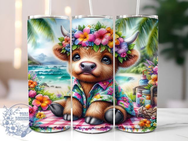 Cute Summer Highland Cow 20oz Skinny Tumbler PNG, Highland Cow Tumbler Sublimation Wrap, Straight & Tapered Tumbler Wrap, Instant Digital Download Sublimation ToriDesigns 
