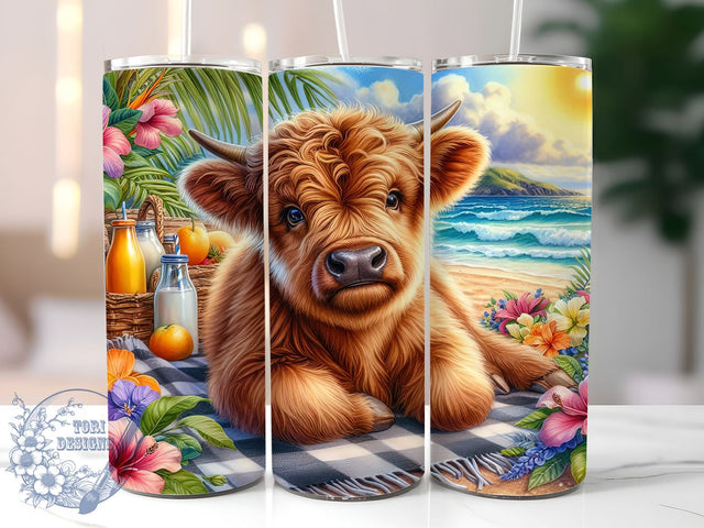 Cute Summer Highland Cow 20oz Skinny Tumbler PNG, Highland Cow Tumbler Sublimation Wrap, Straight & Tapered Tumbler Wrap, Instant Digital Download Sublimation ToriDesigns 