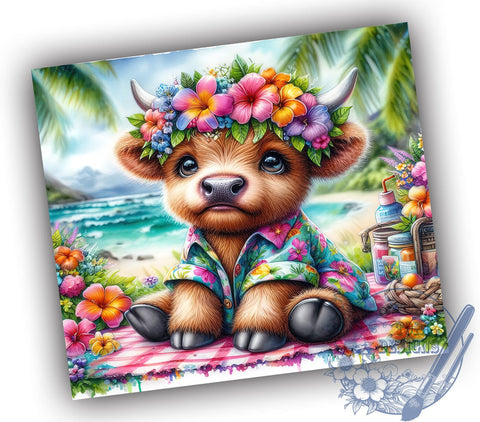 Cute Summer Highland Cow 20oz Skinny Tumbler PNG, Highland Cow Tumbler Sublimation Wrap, Straight & Tapered Tumbler Wrap, Instant Digital Download Sublimation ToriDesigns 