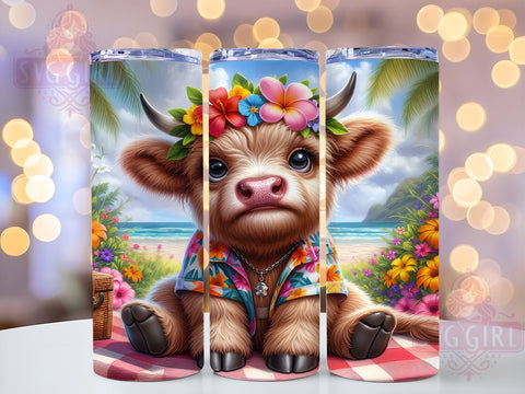 Cute Summer Highland Cow 20oz Tumbler Wrap Sublimation Design, Straight Tapered Tumbler Wrap, Highland Cow Tumbler Png, Instant Digital Download Sublimation SvggirlplusArt 