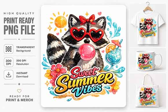 Cute Summer Raccoon PNG Sweet Summer Vibes Sublimation Design SVG BillahCrafts 